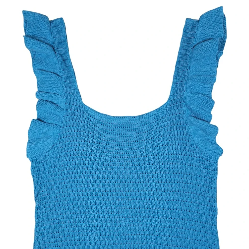 Anthropologie Ruffled Pointelle Knit Mini Dress Womens M Blue Green Lined Summer